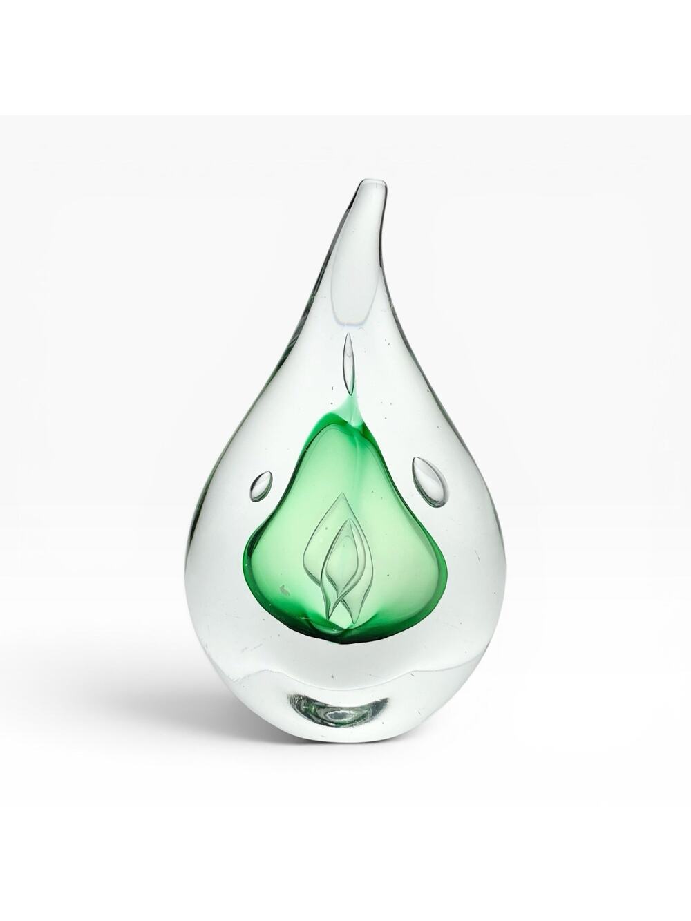 Adam Jablonski Art Glass Teardrop “Pear” Green Paperweight Sculpture 5.5” Signed